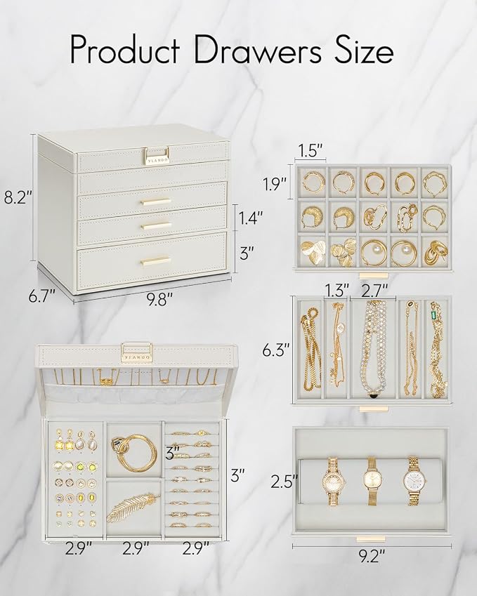 VLANDO 4 Layer Large Jewelry Box - Jewelry Holder Organizer, Jewelry Box Organizer for Drawer Necklace Ring Bracelet and Watch, Birthday Gift for Loved Ones - Beige
