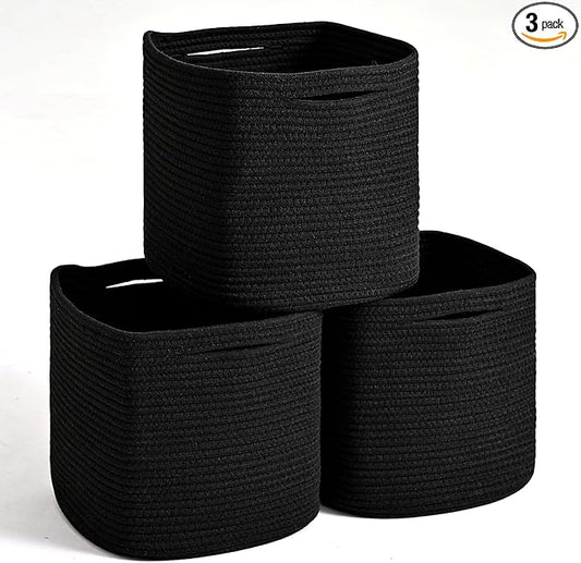 ICERZCZ 11 Inch Cube Storage Bins, Storage Cube Organizer Bins, Woven Cotton Rope Basket for Storage, Storage Baskets for Organizing Shelves, Square Baskets for Toys, Black (Pack of 3)