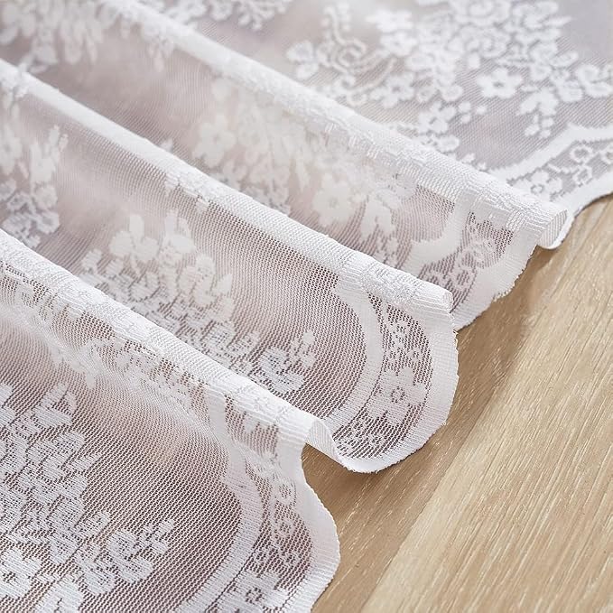 YJ YANJUN Vintage Lace Curtains 30 Inch Length Pair Short White Sheer Kitchen Cafe Curtains, Scalloped Half Window Tiers, Mini Front Door for Small Window Privacy, Desk Cabinet 26" x 30" White
