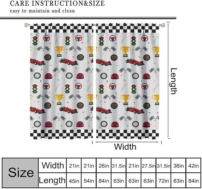 Racing Car Blackout Curtain,Kids Boys Cartoon Car Theme White Plaid Print Window Curtains for Bedroom Cafe Dining Room Office Living Room Kitchen Drapes,63x63 in