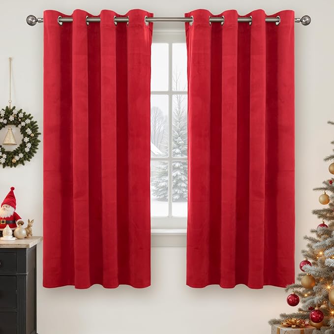 YoungsTex Red Velvet Blackout Curtains 63 Inches Length for Living Room, Thermal Insulated Window Drapes with Privacy for Bedroom, 2 Panels, 52 X 63 Inch