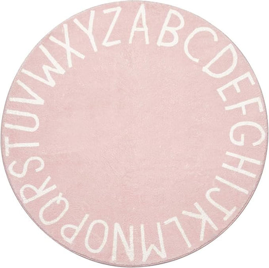 Topotdor Round Kids Play Rug Alphabet Nursery Area Rug Extra Large Soft Crawling Play Mat for Children Toddlers Bedroom (96 inch, Pink)