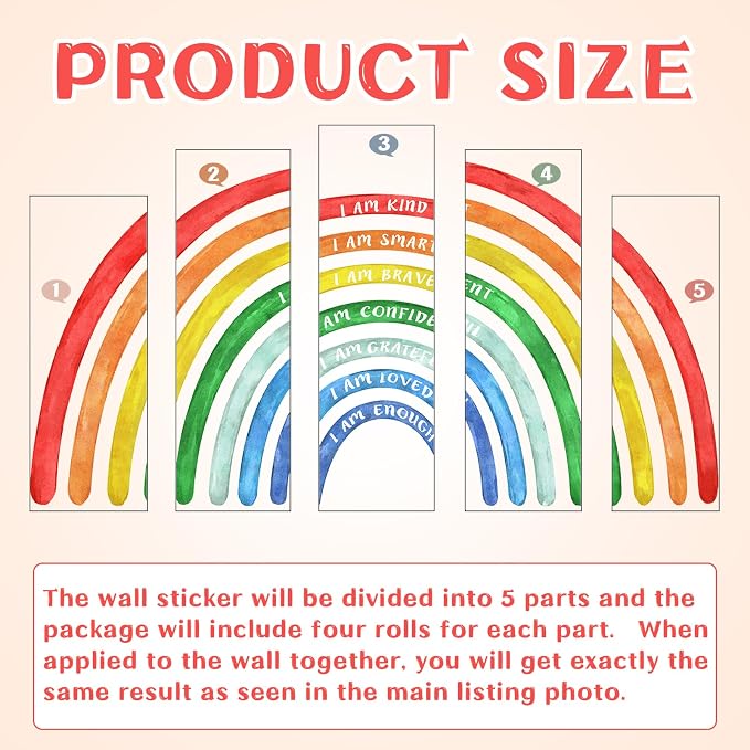 Tinideya 77" x 47'' Large Watercolor Rainbow Wall Decal with Inspirational Quote, Peel and Stick Rainbow Stickers Watercolor Vinyl Wall Mural Art for Girls Toddlers Playroom Bedroom Classroom(Bright)