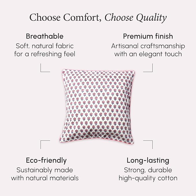 CPC 100% Cotton Throw Pillow Covers 18x18 Inch, Set of 2 Pink Block Print Pattern Couch Pillow, Cute Boho Decorative Pillows for Living Room, Bedroom with Hidden Zipper- Pink Sapphire