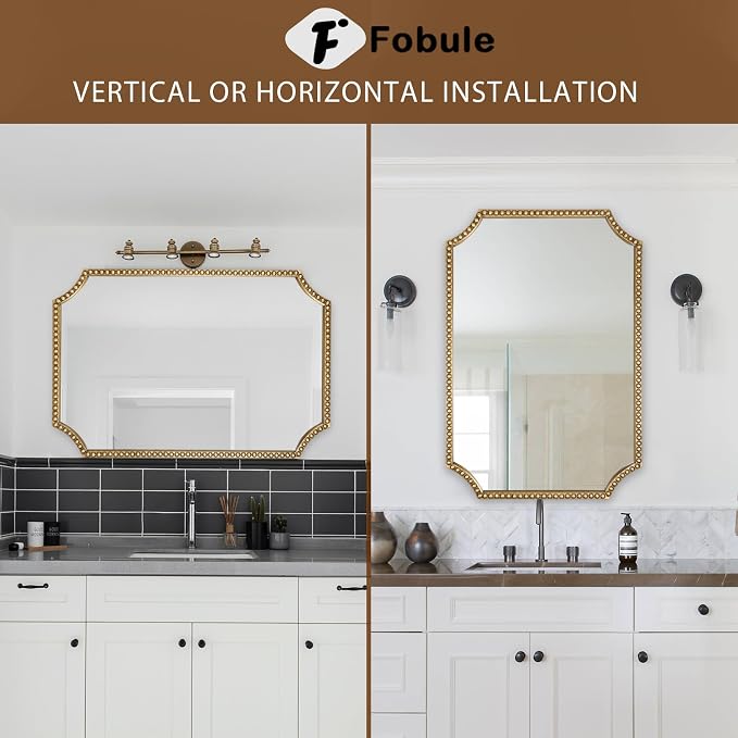 24"x36" Mirror for Wall, Scalloped Corners Rectangle Decorative Mirror, Metal Beaded Frame Accent Wall Decor for Bathroom, Entryway, Mantel, Antique Gold