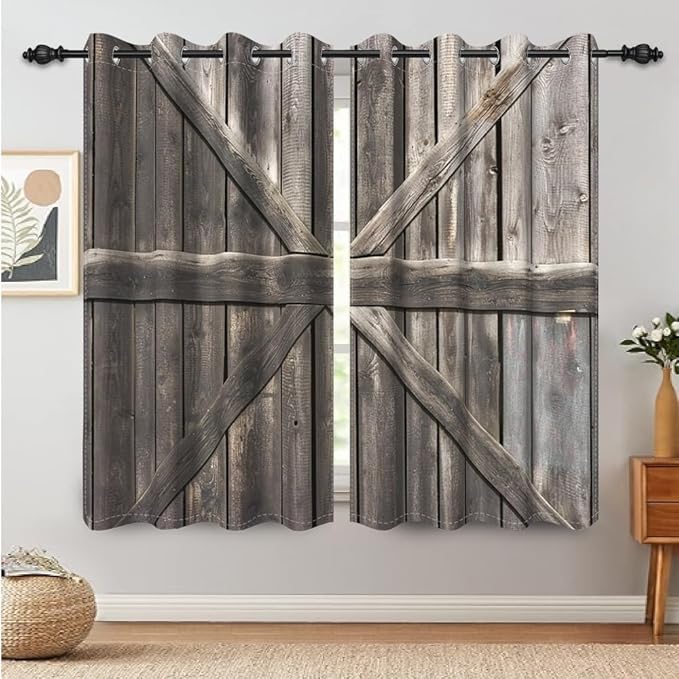 Rustic Barn Door Window Curtains Farmhouse Grey Wooden Door Garage Door Blackout Window Treatment for Living Room Bedroom Rural Farm Style Room Darkening Window Drapes,53x72 inch,2 Panels