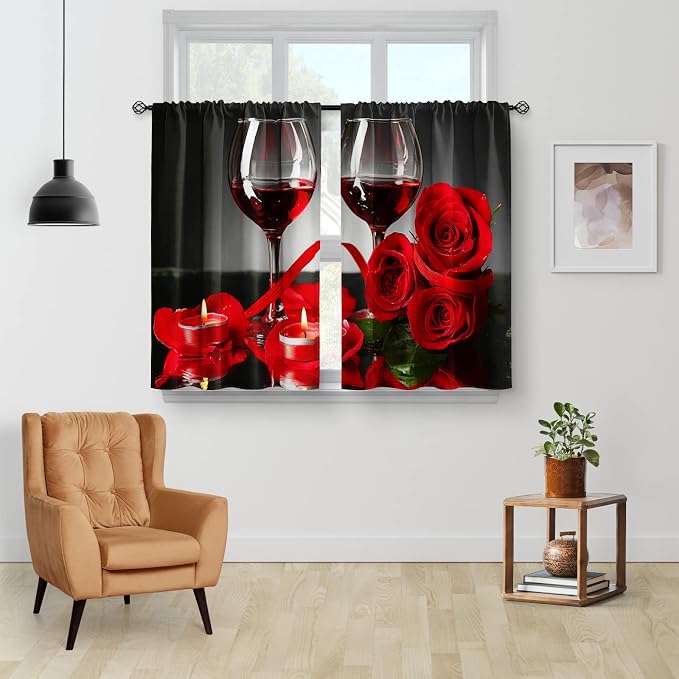 Wine Glass Red Rose Kitchen Curtains - Country Retro Romantic Flowers Rustic Short Cafe Tier Curtains Decor for Dining Room Valentine Floral Farmhouse Rod Pocket Window Drapes 2 Panels Set 28"x36"