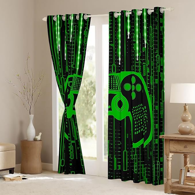 Feelyou Kids Boys Green Gaming Window Curtains Gamer Darkening Drapes Light 3D Gamer Blackout Curtains for Modern Game Window Treatments Game Room (2 Panels, 52 x 90 Inch)