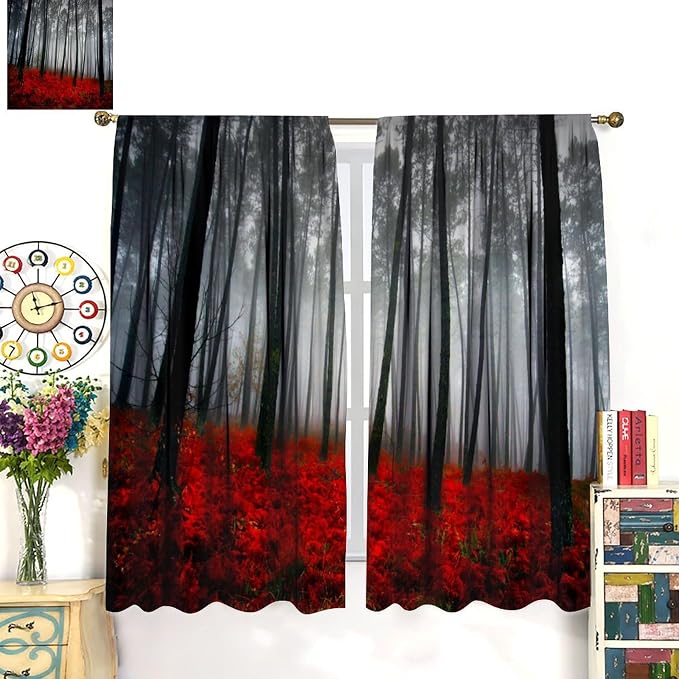 Green Forest Blackout Curtains for Bedroom,Watercolour Nature Lake Misty Forest Plants Trees Landscape Window Drapes for Boys Girls Living Room Kitchen 72x63in