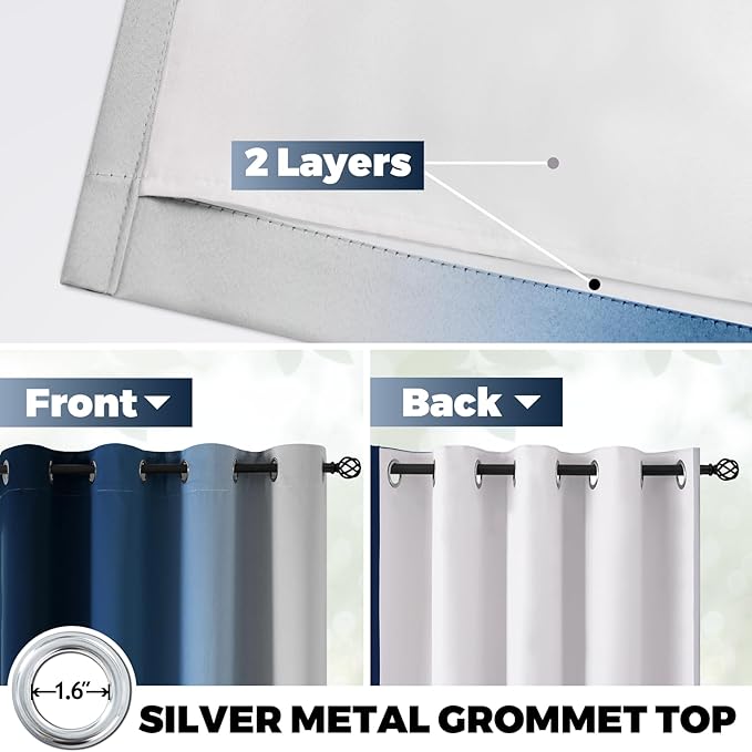 Yakamok 100% Blackout Curtains Ombre Blue Curtains for Bedroom 84 Inch | 2 Layers,Room Darkening Grommet Gradient Drapes,Light Blocking Thermal Insulated Window Curtains for Living Room 52W x 84 L