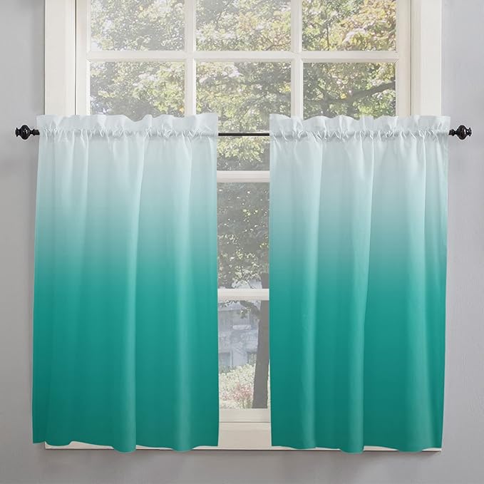 45 Inch Long Tier Curtains for Kitchen, Cyan Turquoise Gradient Bathroom Window Curtains Rod Pocket Short Curtains Window Treatment Tiers for Living Room Farmhouse 2 Panels