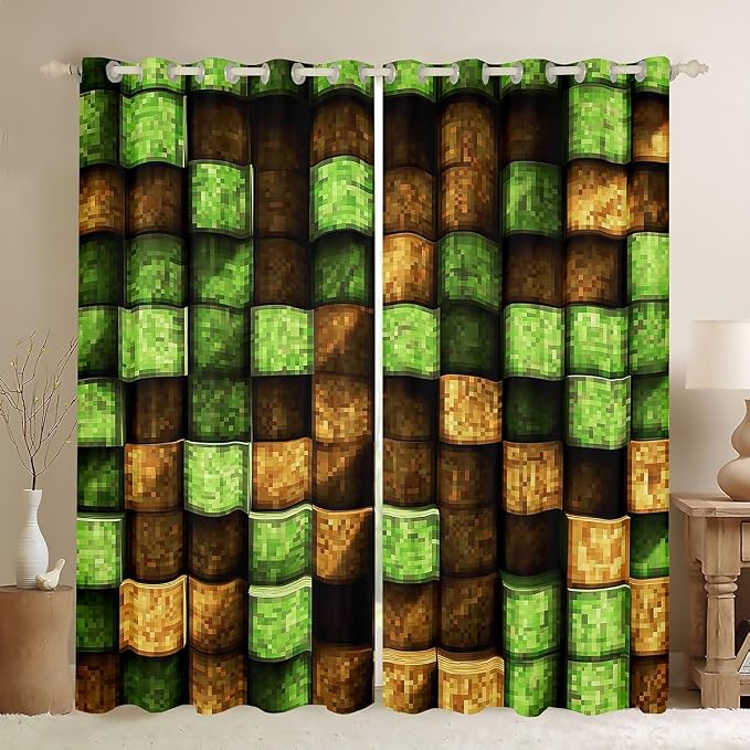 Castle Fairy Pixel Block Window Curtain,Green and Brown Square Plaid Blackout Window Treatment,Kids Girls Teens Miners Gaming Bedroom Curtains Video Games Living Room Decor Top 2 Panels,38Wx54L