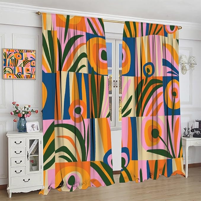 JESTRONRY Mid Century Boho Curtains, Modern Abstract Cute Retro Floral Vintage Checkered Flower Print Blackout Window Door Curtains for Bedroom Living Room Home Decor 42x54in