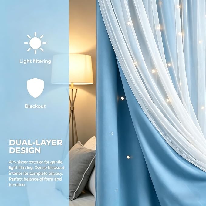 Kids Blackout Curtains for Bedroom/Living Room/Classroom, Sheer Overlay 2 Free Tiebacks, Double Layer Curtains with Star Cutout for Kids Room(Each Piece W 70 x L 84 Inches 2 Pcs Sky Blue)