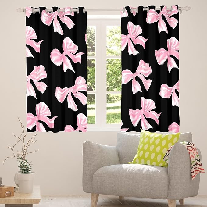 Erosebridal Pink Bow Window Curtain Kawaii Girly Bowknot 38"Wx54"L Curtain For Girls,Dreamy Princess Bow Tie Window Treatments For Kids Teen Women Bedroom Decor,Watercolor Bow Black Curtains & Drapes