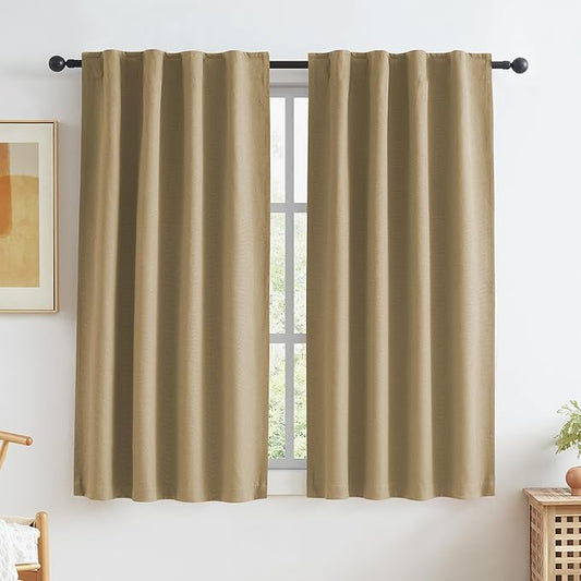 KEQIAOSUOCAI Short Burlap Linen Curtains Natural Back Tab Rod Pocket Narrow Curtain Panels for Small Window Cafe Kitchen Curtains 45 Inch Length, 2 Panels,Tan Brown, W34 x L45