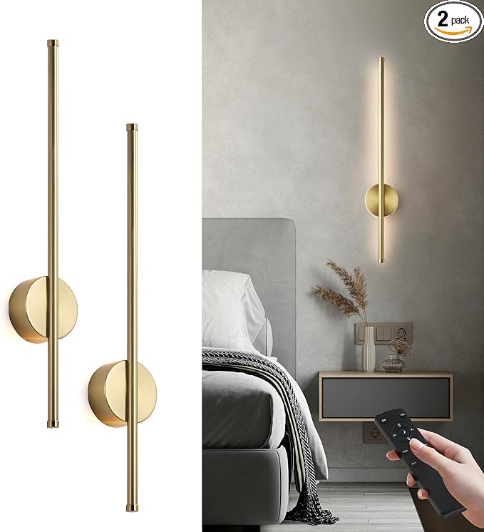 Battery Operated Modern Wall Sconces, Dimmable Wireless Wall Light Set of Two with Remote Control, 3 Color Temperatures, Rechargeable LED Wall Sconce for Bedroom, Living Room, Hallway, 23.6 Inch Brass