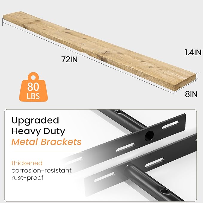 Fun Memories 72 Inch Reclaimed Wood Floating Shelves for Wall, 8 Inch Deep Extra Long Heavy Duty Rustic Farmhouse Floating Shelf with Invisible Brackets for Fireplace Mantel & TV Wall, Natural