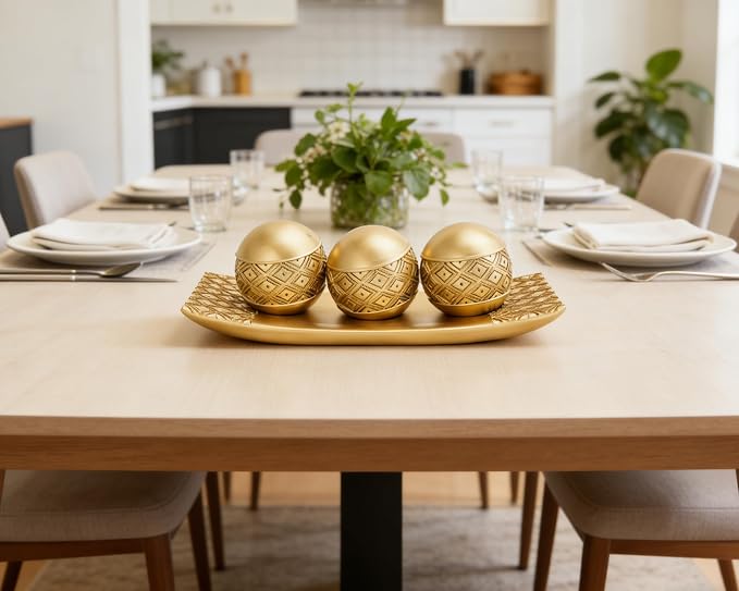 Gold Decorative Orbs with Tray Set, 3Pcs Resin Decorative Balls with Tray, Modern Accent Sphere for Coffee Table, Dining Table, Living Room, Entryway