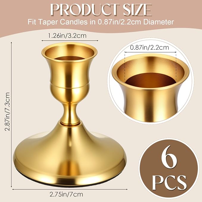 6PCS Brass Gold Taper Candle Holders Set, Vintage Metal Candlestick Holders for Table Centerpiece, Wedding Reception, Festive Christmas Mantel Decoration or Home Decor