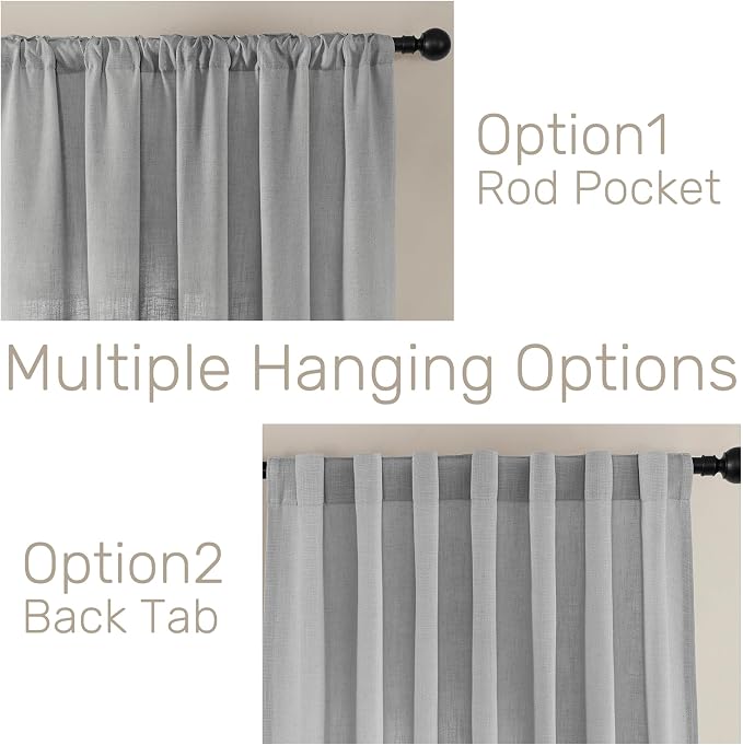 Joydeco Linen Curtains for Living Room,Light Filtering Rod Pocket Back Tab Semi Sheer Drapes Window Long Curtains 96 inches Long Ebony Grey