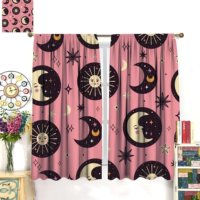 Sun Moon Stars Blackout Curtains, Abstract Magical Art Pattern Printed Window Drapes, for Bedroom Living Room 55" W X 63" L