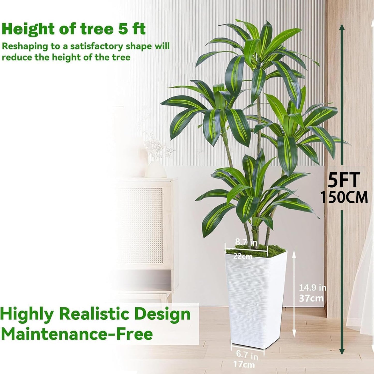 Artificial Dracaena Tree Artificial Silk Tree Faux Tree Fake Tropical Yucca Floor Plant with White Tall Planter (1, White Tall Planter, 5FT)