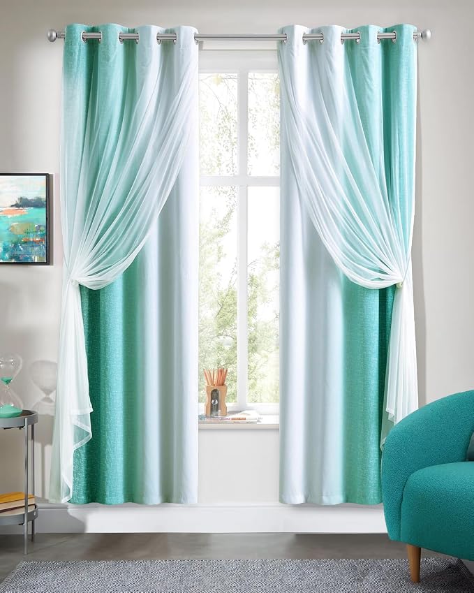 Ombre 100% Blackout Curtains 72 Inches Long 2 Panels for Bedroom Living Room Teal and White Double Layer Sheer Overlay Mix & Match Grommet Thermal Soundproof Drapes with Tiebacks, 52x72