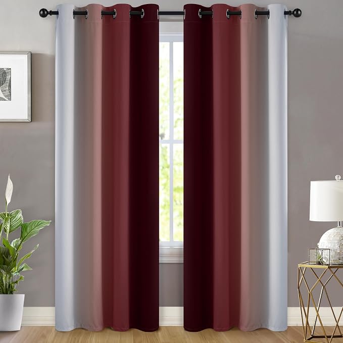 Yakamok Ombre Curtains Red and Greyish White for Living Room,52Wx84L | Room Darkening Curtains 84,Thermal Insulated Gradient Color Drape,Light Blocking Grommet Window Curtains for Bedroom,2 Panels