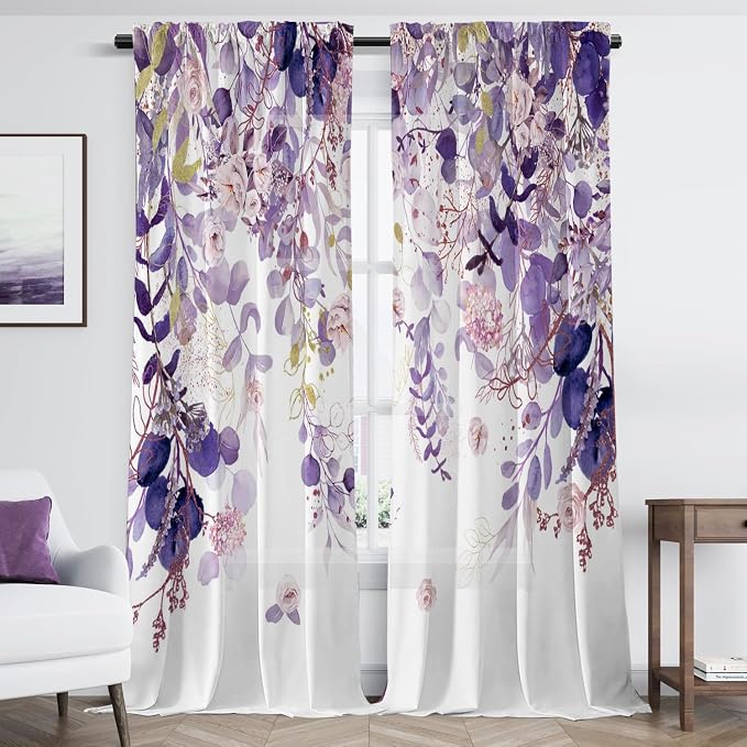 Purple Eucalyptus Floral Curtains 63 Inch Length Watercolor Flower Plant Light Filtering Curtains for Living Room Farmhouse Rustic Dining Room Curtain Wildflower Kitchen Curtain 2 Panels