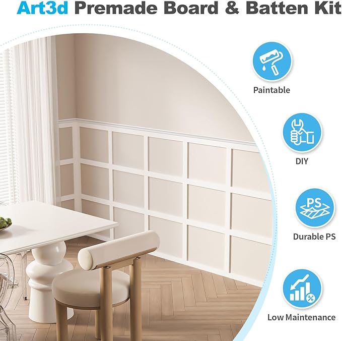 Art3d Precut Board and Batten Wainscoting Panel Kit Covers 10Ft. - Paintable Molding Trim Slat with Edge Strip, Ready to Assemble Accent Wall Decor for Living Room Dining Room Hallway, White