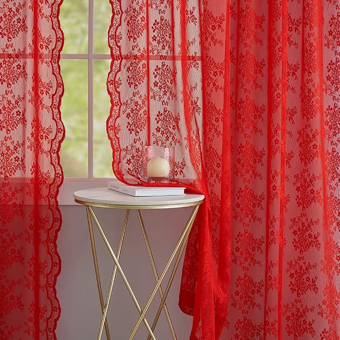 YJ YANJUN Vintage Lace Curtains 96 Inches Long-Victorian Floral Pattern Red Sheer Curtain Panels for Living Room Bedroom,Light Filtering, Xmas Gift for Holiday Decor 2 Panels 52W x 96L