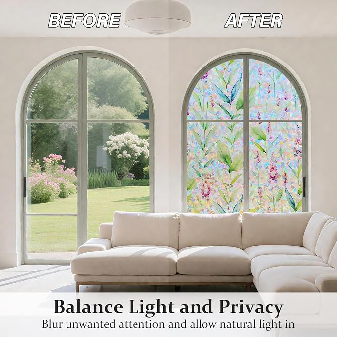Donox Decorative Window Privacy Film, 3D Floral Stained Glass Window Film Static Cling Rainbow Privacy Sticker for Glass Door Heat Control Anti UV, No Adhesive (Gladiolus,17.5 x 78.7 inches)