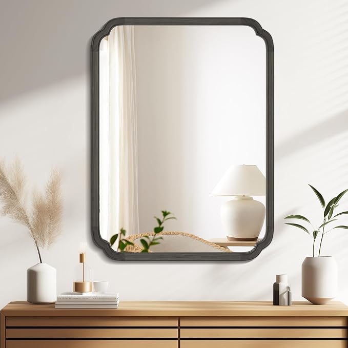 WallBeyond 28" x 40" Rounded Corner Arch Wall Mirror with Wood Frame for Entryway, Living Room or Bedroom Home Decor - Light Woodgrain [28 x 40 inches, Black]