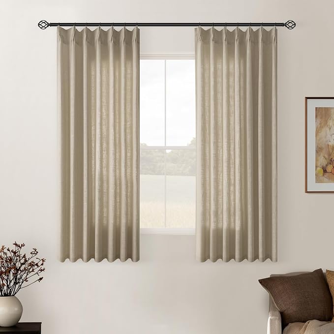 Grey Beige Linen Kitchen Curtains 45 Inches Long 2 Sets Basement Curtains for Small Window Pinch Pleated Back Tab Linen Blend Short Cafe Boho Semi Sheer Back Tab Drapes for Bay Windows Bedroom 40x45