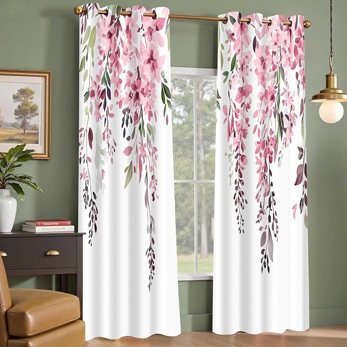Pink Watercolor Floral Curtains, Botanical Leaves Vine Flowers Curtain, Rustic Farmhouse Flower Leaf Blackout Window Treatment Drapes for Bedroom Living Room 42x90 inch, 2 Panels