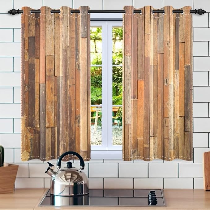 Wooden Curtains Vertical Planks Wooden Window Curtains Rustic Wooden Barn Door Grain Cottage Hardwood Garage Door Bedroom Living Room Window Drapes Decor with Grommets,21x63 inch,2 Panels