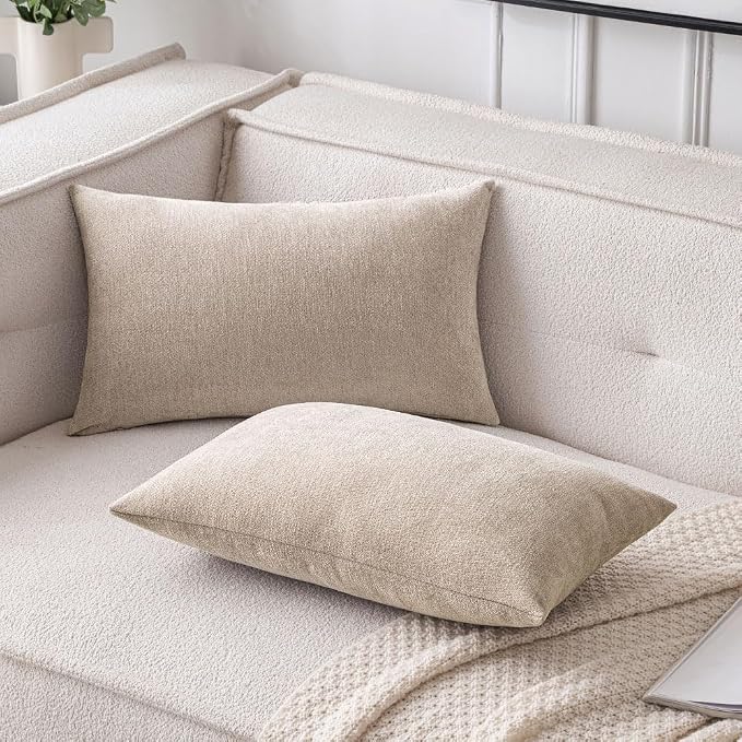 MIULEE Pack of 2 Beige Decorative Pillow Covers 12x20 Inch | Soft Chenille Couch Throw Pillows Farmhouse Cushion Covers for Home Decor Sofa Bedroom Living Room