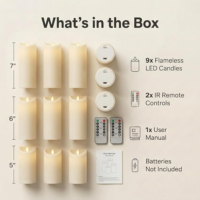 Enido 9pcs Flameless Candles with Remote, 2.2" x 5/6/7" Heat-Resistant Plastic LED Pillar Candles, Battery Operated Moving Wick Fake Candles with Timer, Realistic for Wedding, Outdoor, Home Decor