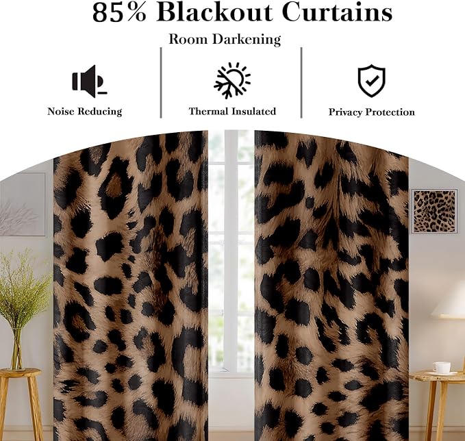 Sexy Leopard Print Blackout Curtains, Wild Animal Cheetah Print Brown Black Fur Window Drapes, Living Room Bedroom Decor 2 Panels 52x84 Inch