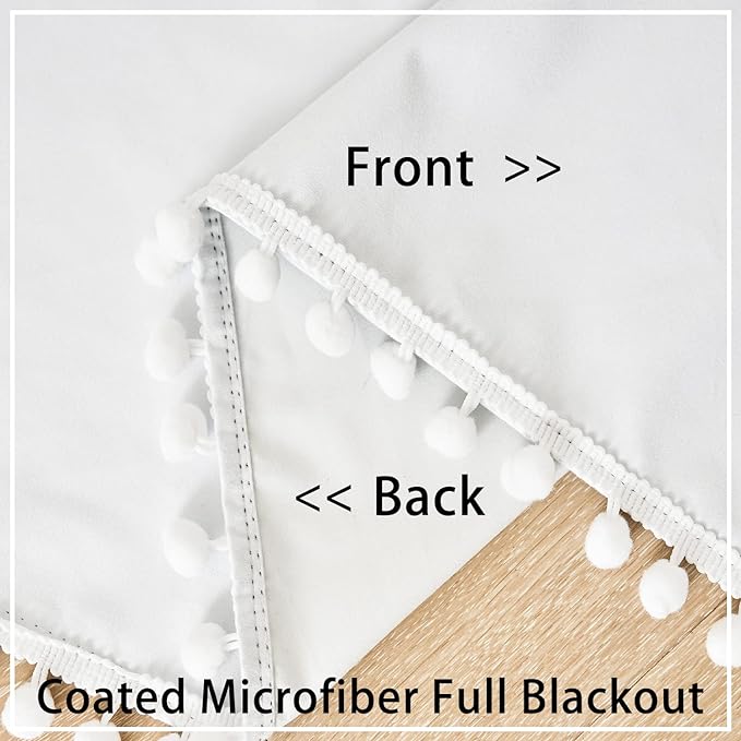 Treatmentex White Blackout Curtains for Bedroom Pom-Pom Thermal Insulated Full Blackout Window Drapes 63inch Length Curtain Panels for Kids Guest Room Hotel 52" Wx 2pcs