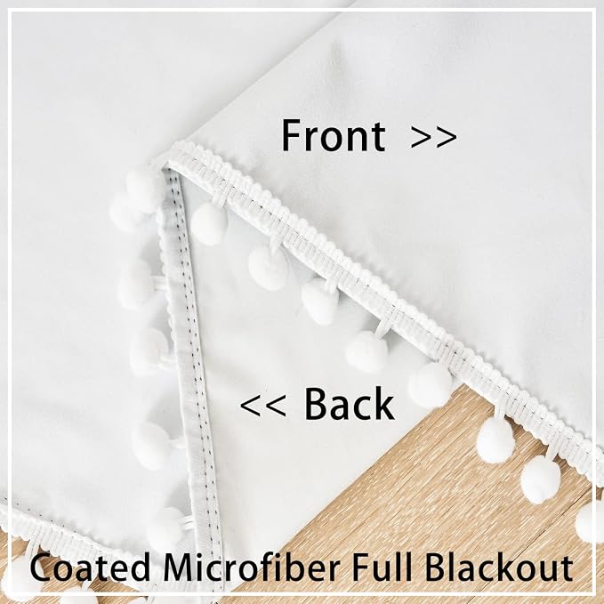 Treatmentex White Blackout Curtains for Living Room Bedroom 84inch Long Pom Pom Curtain Panels for Windows Thermal Insulated Curtains for Kids Nursery Room Rod Pocket 52" W x 2pcs