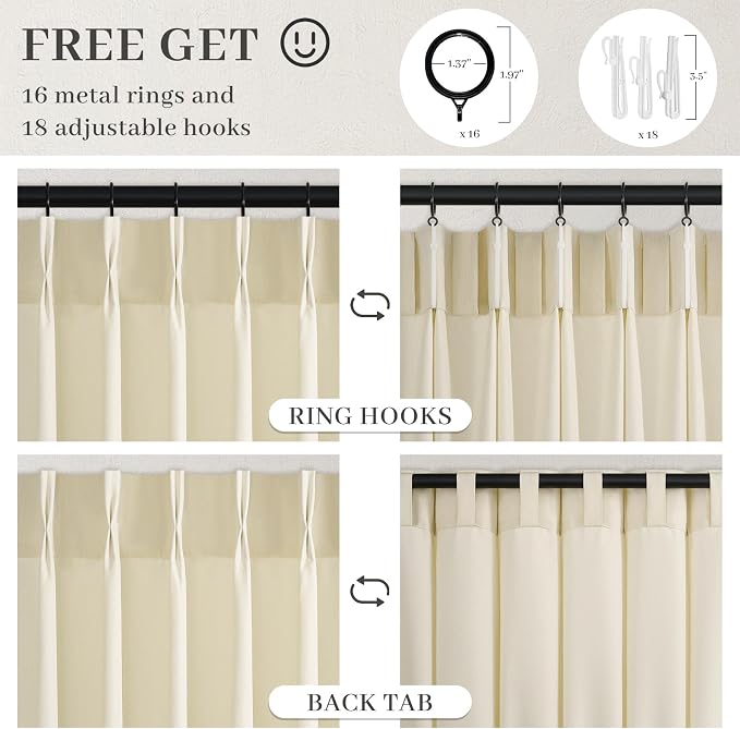 108 Inch Pinch Pleated Linen Curtains 2 Panels,Cream Semi Sheer Curtains with Pleated Hooks Back Tab for Track System,Extra Long 9ft Curtain for Living Room Bedroom,40x108