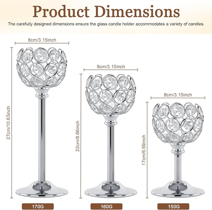Crystal Candle Holders 4 Set of 12 - Sliver Vintage Hollow Ball Candle Stand for Table Centerpiece, Crystal Metal Tealight Candlestick for Wedding, Dining Room Decor