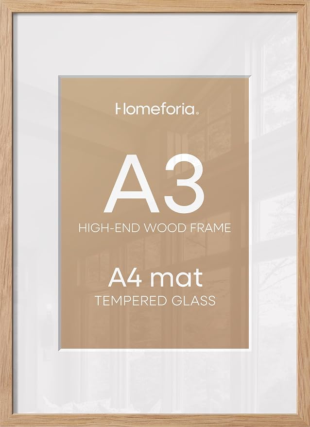 Homeforia A3 Picture Frame Wood, High-End Natural Oak 11.7 x 16.5 Wooden Poster Frames Matted to 8.3 by 11.7 Photo, A3 Size Light Wooden Frame with Mat A4 for Print, Tempered Glass, Wall Kit, Set of 4