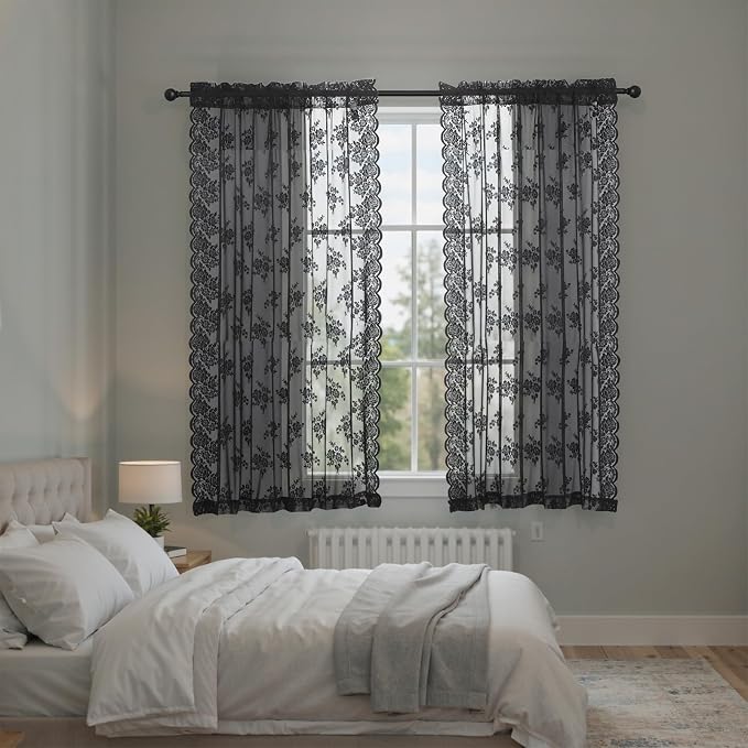 Kotile Black Lace Curtains 54 Inch Length - Country Rustic Goth Floral Lace Curtains 2 Panels Set for Windows, Privacy Gothic Floral Sheer Curtain, 52 x 54 Inch, 1 Pair, Black