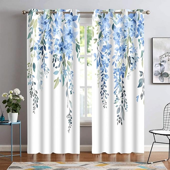 Blue Watercolor Floral Curtains, 52x84 inch, 2 Panels | Botanical Leaves Vine Flowers, Rustic Farmhouse, Blackout Window Treatment, For Bedroom Living Room