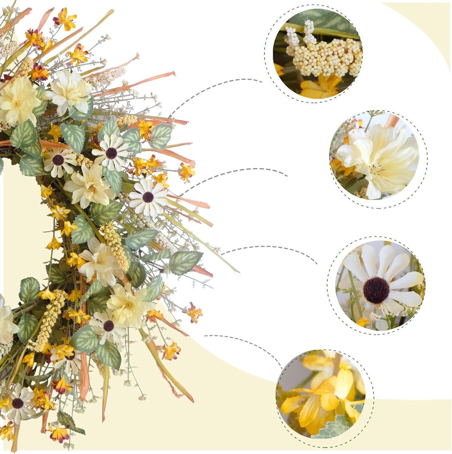 idyllic 20 Inches Spring Summer Front Door Wreath, Yellow and White Daisies Flowers, Ear of Wheat, Green Leaves Wreath for Front Door