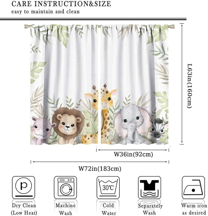 Nursery Curtains Jungle Safari Theme with Giraffe Print, Kids Room Classroom Decor, 72x63 Inches, 75% Blackout Fabric for Baby Nursery, Animal Cub Design, Easy Install & Machine Washable