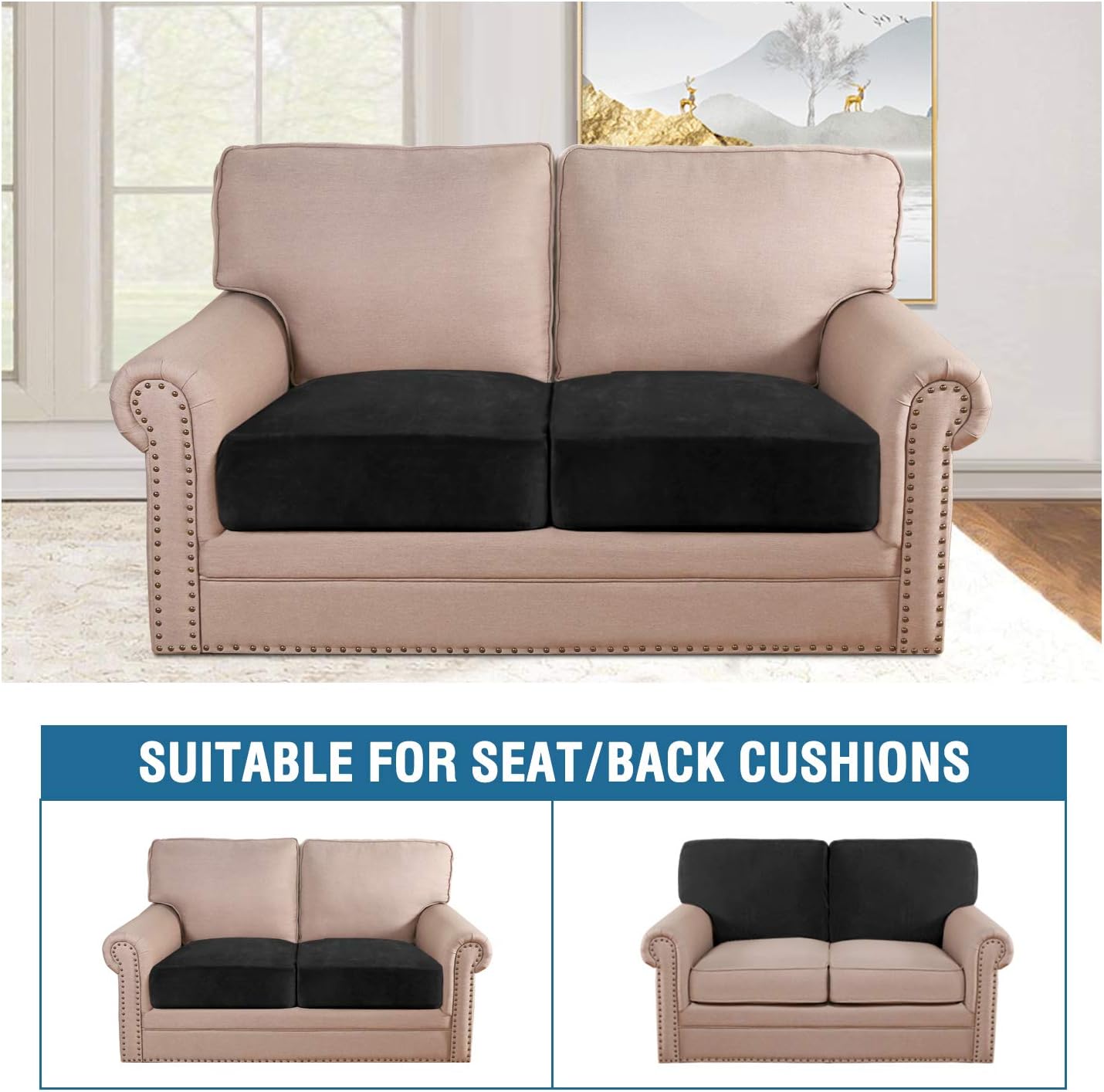 H.VERSAILTEX Velvet Stretch Couch Cushion Cover Plush Cushion Slipcover for Chair Loveseat Sofa Cushion Furniture Protector Seat Cushion Sofa Cover (2 Piece Large Sofa Cushion Covers, Black)